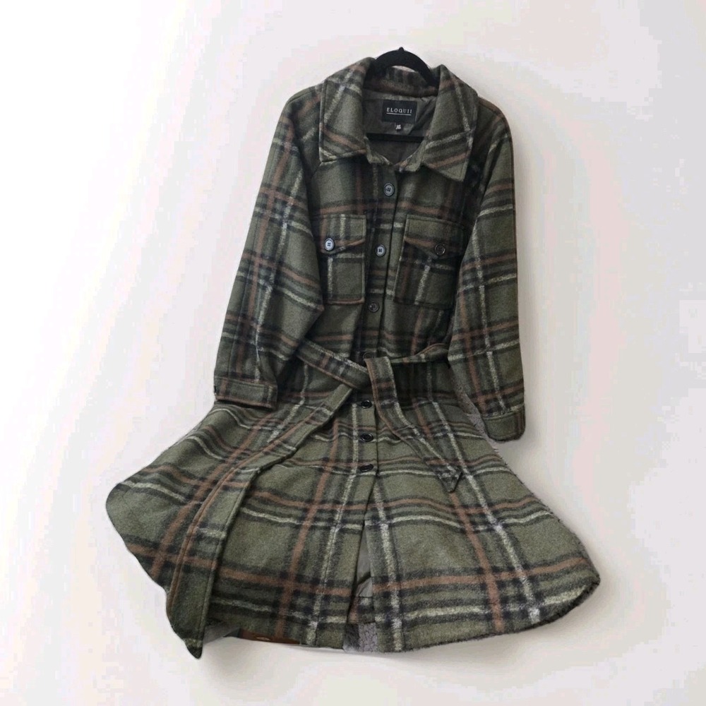 ELOQUII Long Plaid Belted Shacket Coat Green Brown Button Front Plus 18/20 - Picture 9 of 11